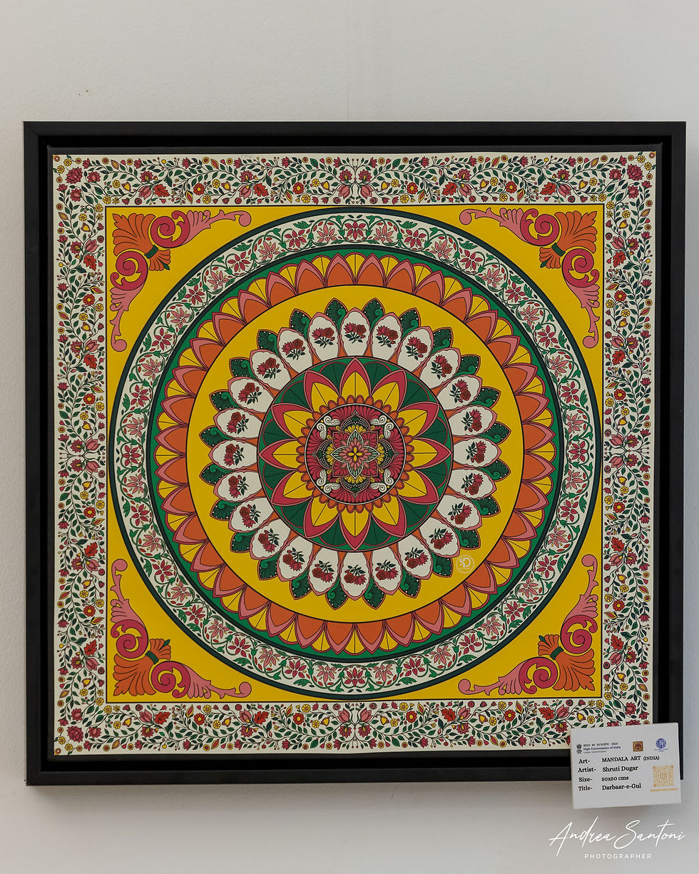 Colorful mandala artwork titled "Darbar-e-Gul" by SD Doodles - Shruti Dugar, featuring intricate floral patterns, elegantly framed and displayed on the wall.