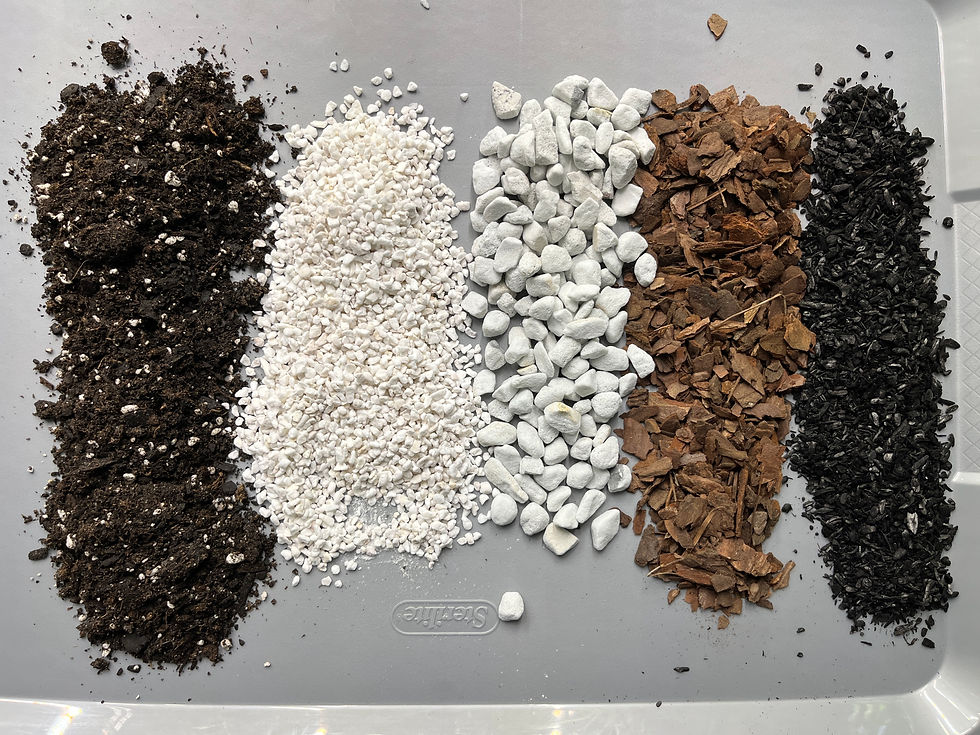 Base Soil, Small Perlite, Chunky Perlite, Orchid Bark, and Biochar