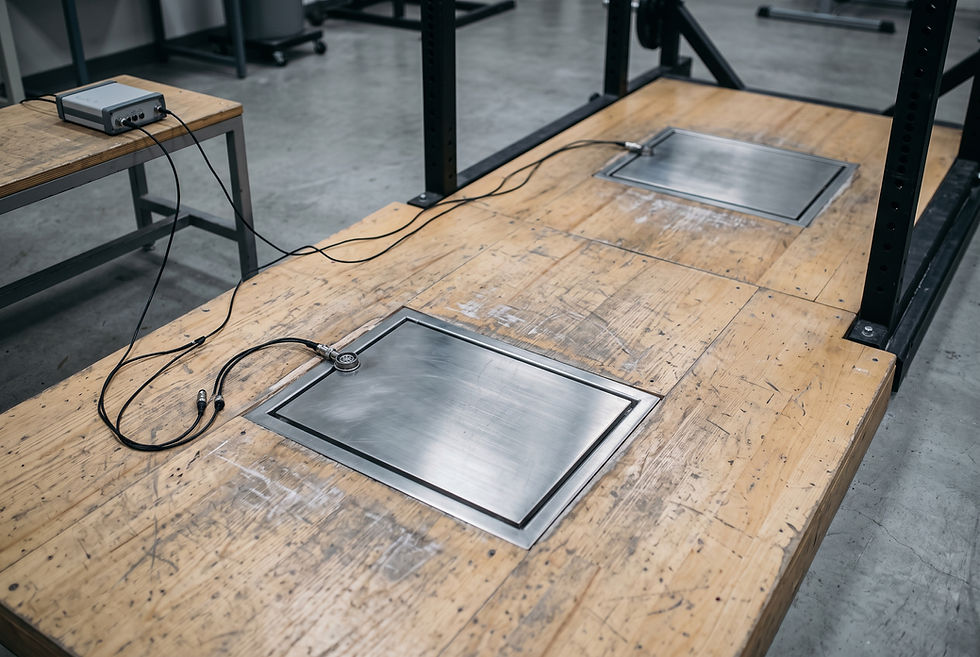 Two force plates recessed into a wooden lifting platform inside a steel testing rig, seen from above, with instrumentation cables running to a data acquisition unit at the edge of the platform.