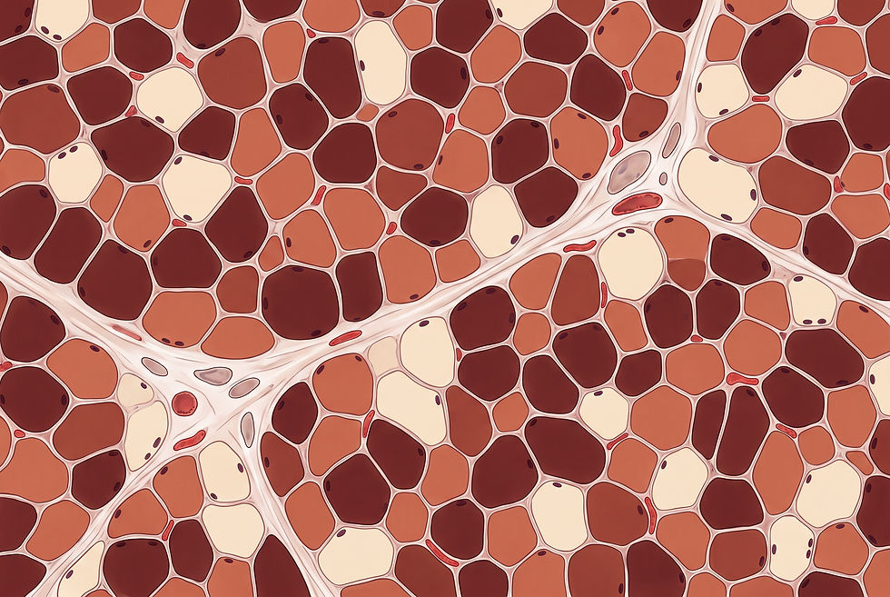 Cross-sectional illustration of human skeletal muscle tissue showing fibres of varying size and colour distributed irregularly, representing individual variability in slow-twitch and fast-twitch fibre composition.
