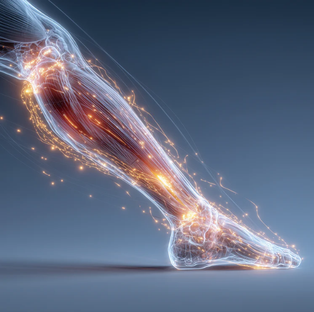 Illustration of lower-leg muscles and nerves showing calf activation and muscle-pump activity during NMES stimulation.