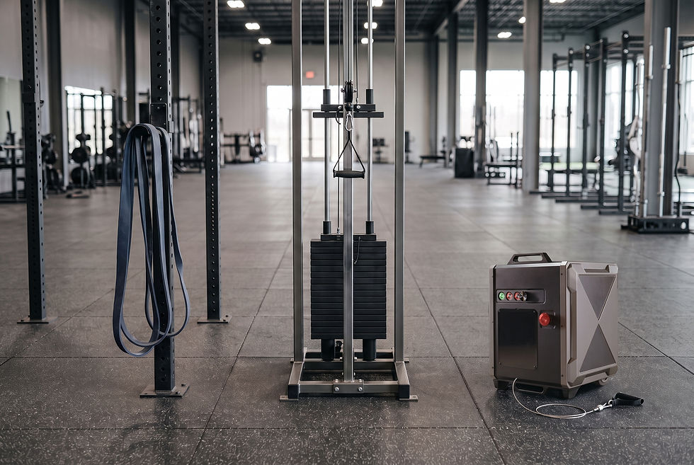 An elastic band, a cable weight stack and a motorized sprint resistance device placed side by side in a training hall
