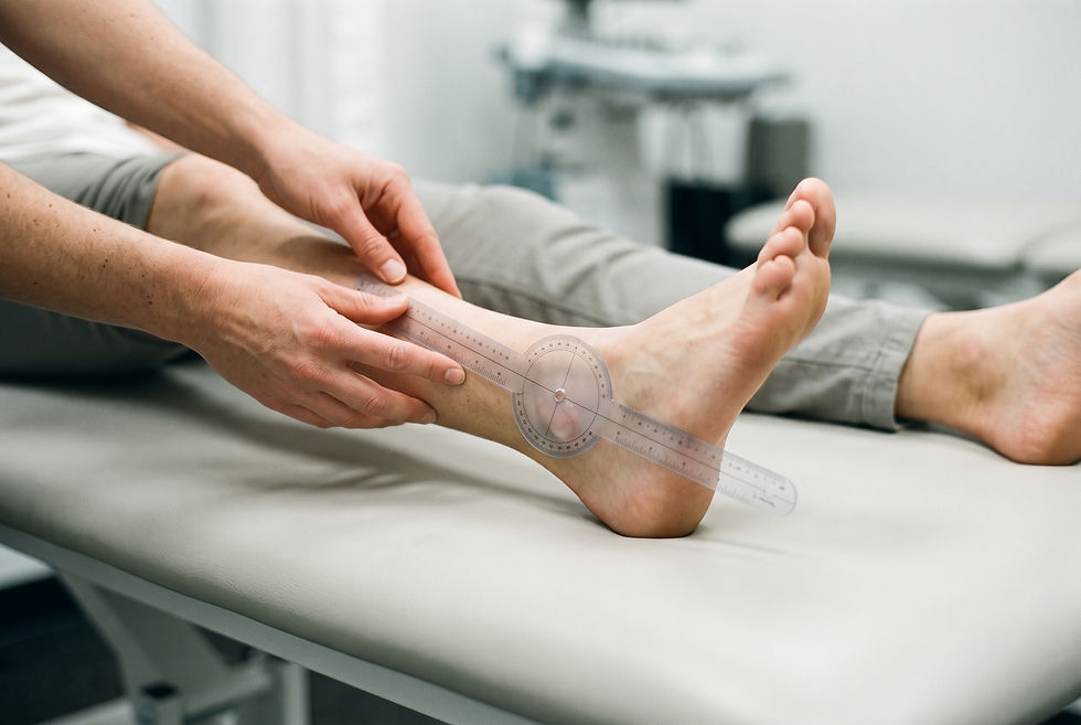 Clinician positioning a goniometer on a seated patient's ankle on a treatment couch to measure joint range of motion