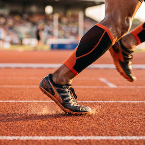 Close-up of a sprinter's foot at the moment of ground contact during maximal-velocity running, illustrating the mechanics of leg stiffness.