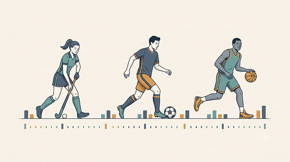Editorial illustration of a soccer, basketball, and field-hockey player in controlled motion above a row of small evenly spaced marks representing distributed training effort.