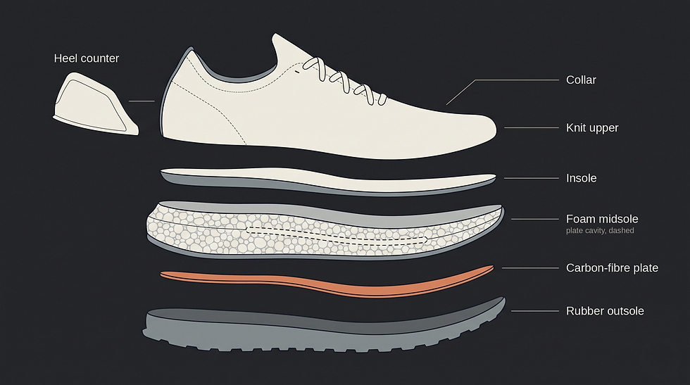 Exploded view of sport shoe components: outsole, carbon plate, midsole, upper and heel counter