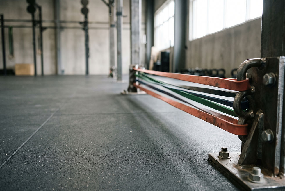 Elastic resistance bands of different colours stretched between floor anchors in a strength and conditioning facility.
