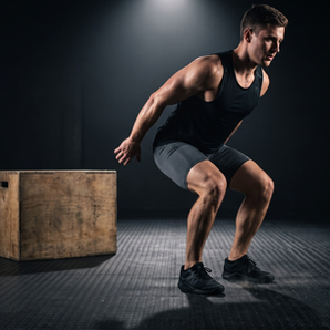 Athlete in the amortization phase of a depth jump — feet landing on a rubber  gym floor with knees loaded for explosive re-jump, plyometric box visible in  the background, dramatic overhead spotlight lighting.