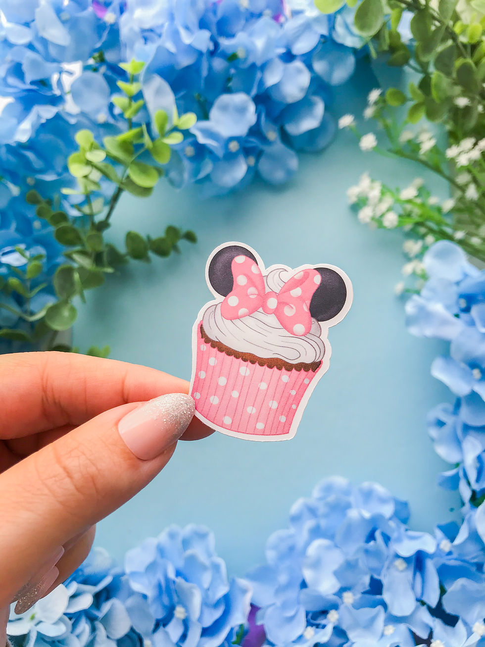 Miniatura: Minnie Mouse Pink & White Polka Dots Cupcake Sticker | Glossy or Matte Paper