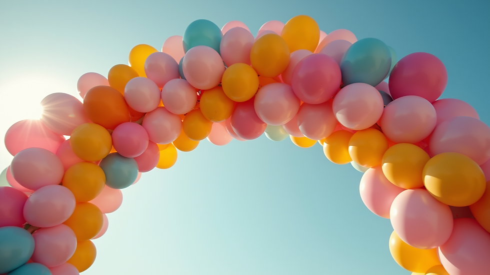 Eye-level view of a balloon arch with mixed colors and shapes