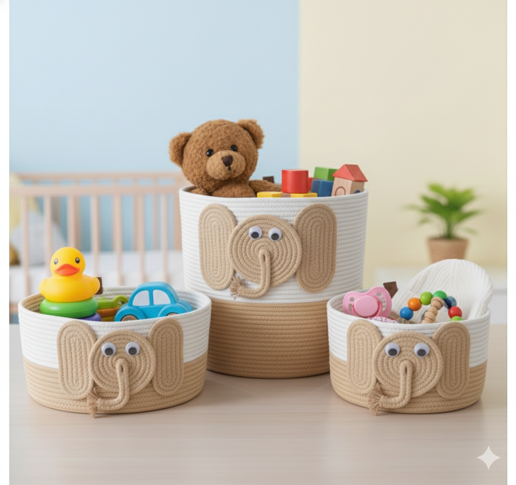 Organizer Üçlü Sepet Takımı Çocuk Odası Filli Bej-Ekru