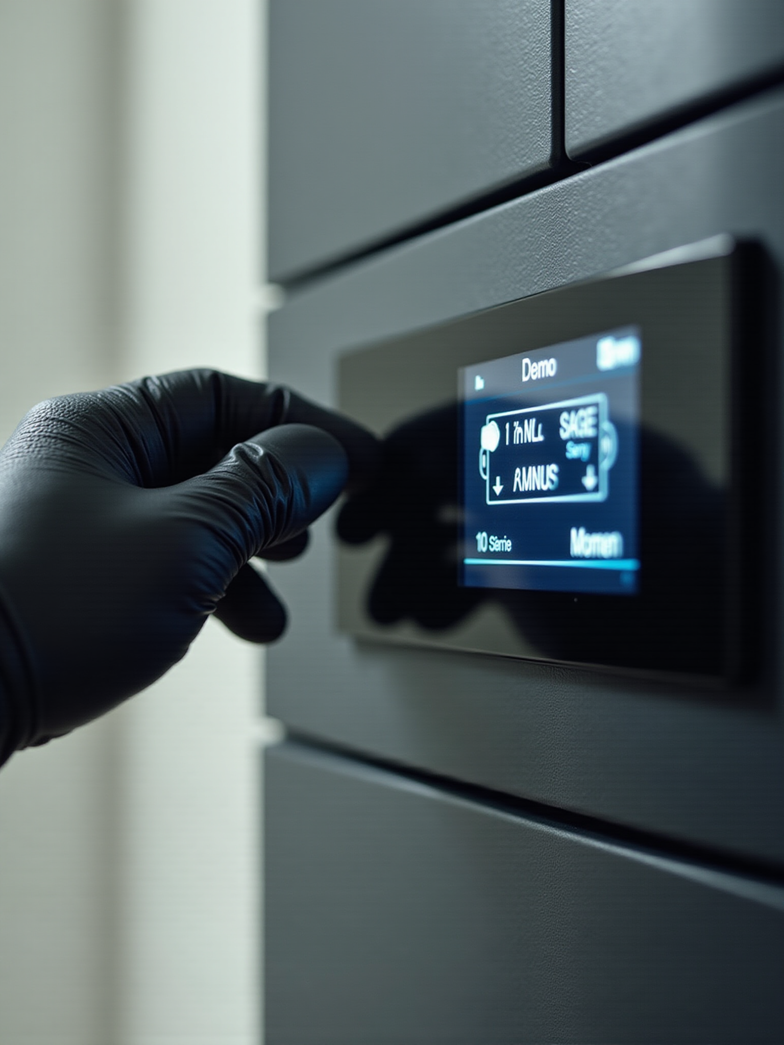 Hand mit schwarzem Schutzhandschuh bedient digitales Kontrollpanel eines technischen Geräts.