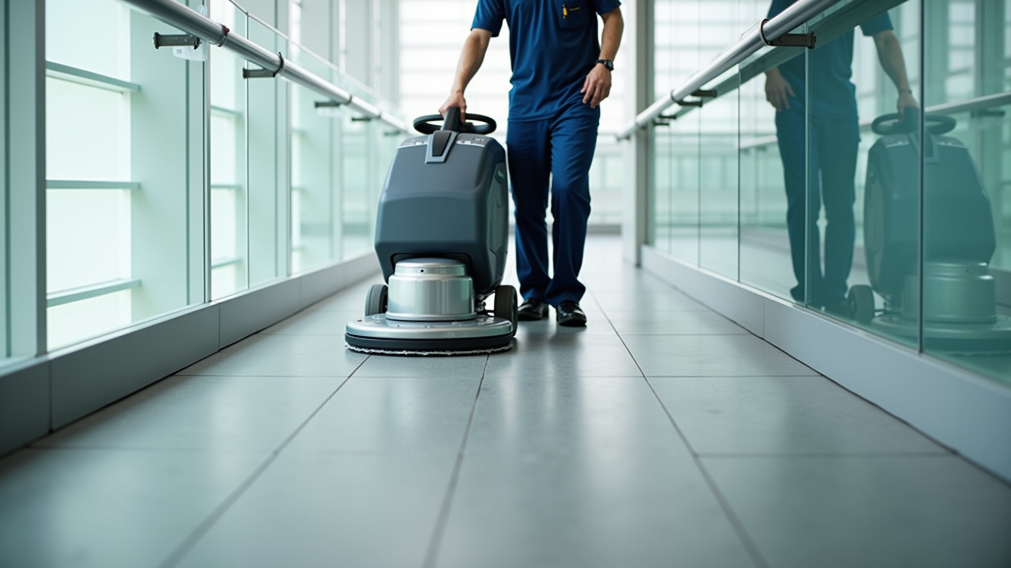 Reinigungskraft mit Bodenreinigungsmaschine in einem modernen Büroflur mit Glaswänden.