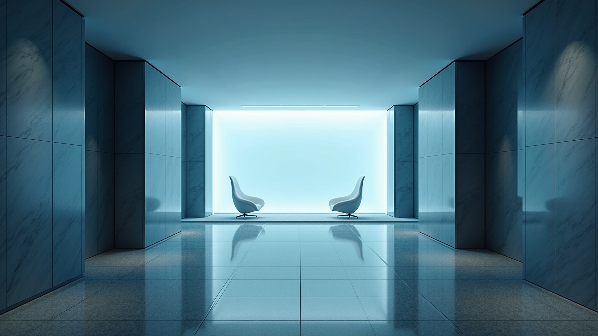 Modernes, minimalistisches Foyer mit zwei Designer-Stühlen und dunklen Wandverkleidungen – repräsentativer Eingangsbereich eines Bürogebäudes.