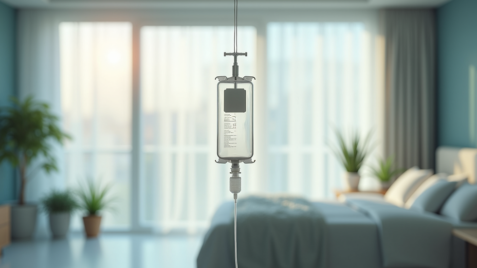 Close-up view of IV drip bag hanging in a bright, modern home setting