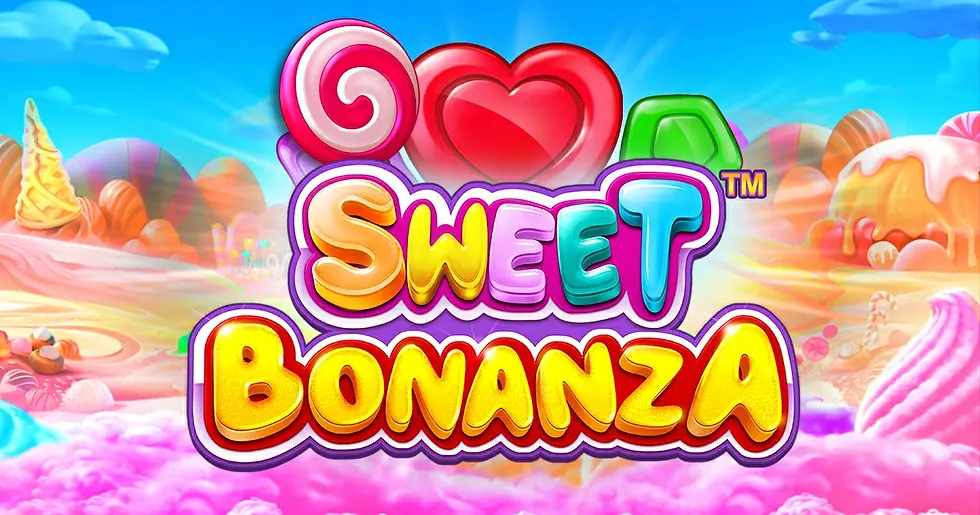 Sweet Bonanza Text Logo and some candy behind the logo