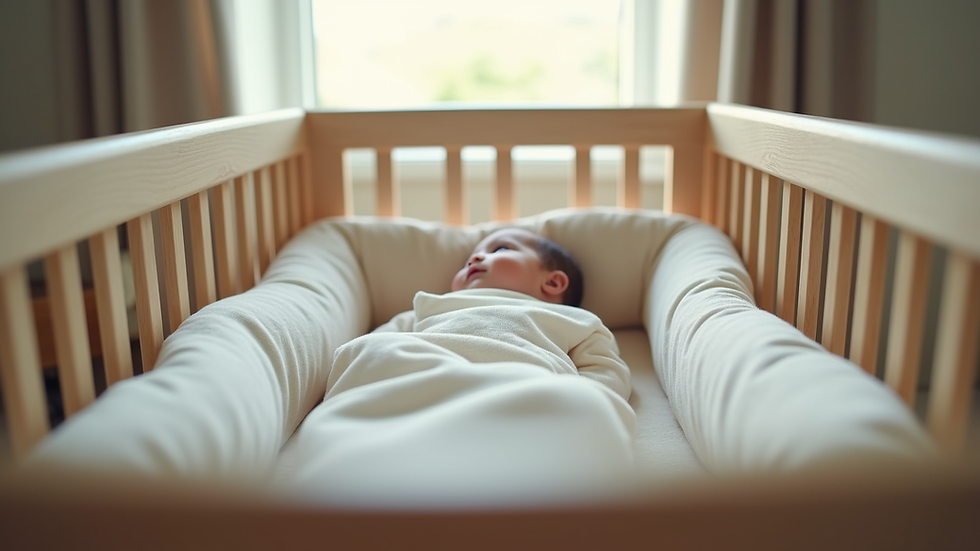 Eye-level view of a cozy baby bassinet with soft bedding