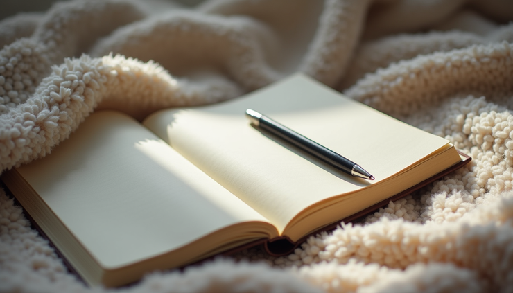 Close-up view of a journal and pen on a cozy blanket