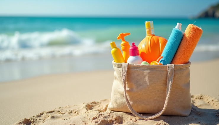 Eye-level view of a neatly packed beach bag with essentials for moms