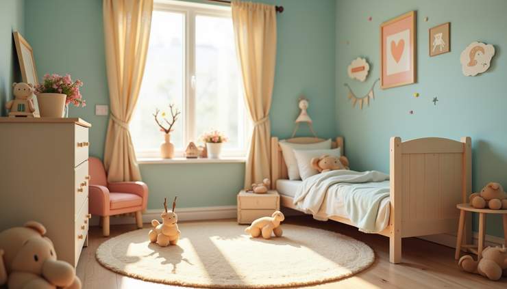 Eye-level view of a vintage kids bedroom with wooden toys and pastel-colored decor