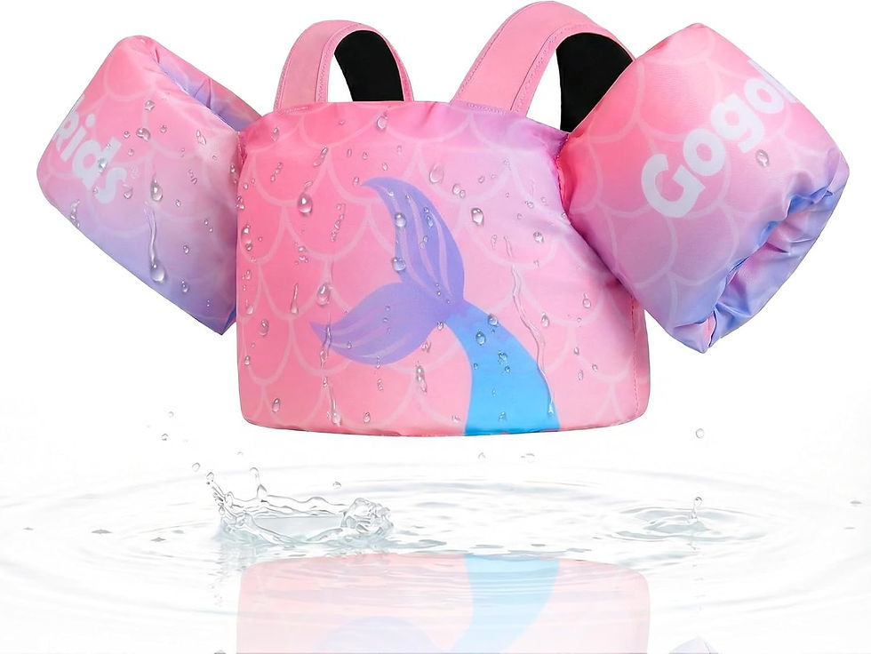 Pink and purple mermaid-themed kids' swim vest with "Gogokids" text, splashed with water droplets, floating above rippling water.