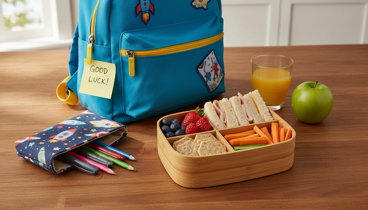 Eye-level view of a packed lunch box beside a backpack and pencil pouch