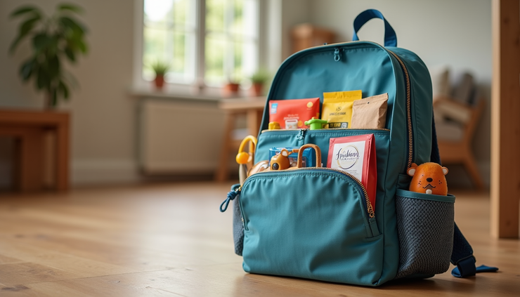 Eye-level view of a toddler’s travel backpack packed with toys and snacks