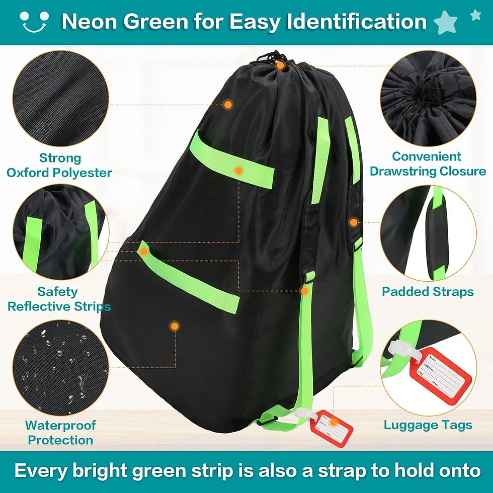 Black bag with neon green reflective strips, padded straps, drawstring closure, and a red luggage tag. Text highlights features: waterproof, strong polyester.