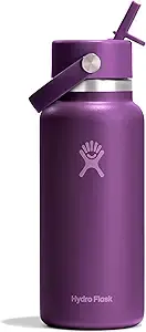 Purple Hydro Flask bottle with straw lid on a white background. The Hydro Flask logo and text are visible, conveying a sleek, modern design.