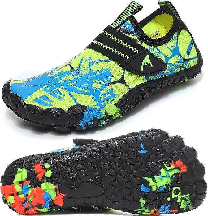 Bright, neon green and blue water shoes with abstract patterns, black soles, and a strap. Vibrant and dynamic design on a white backdrop.