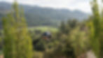 Sterling gondola glides over a green valley and forested hills on a sunny mountain landscape.
