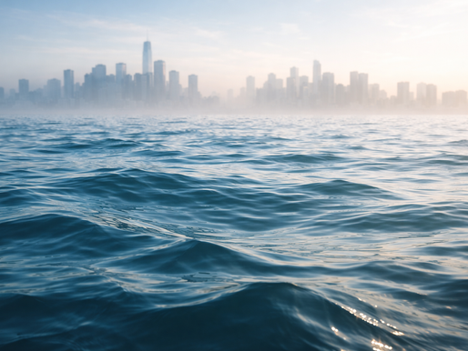 Ocean waves in the foreground with a hazy city skyline visible in the distance.