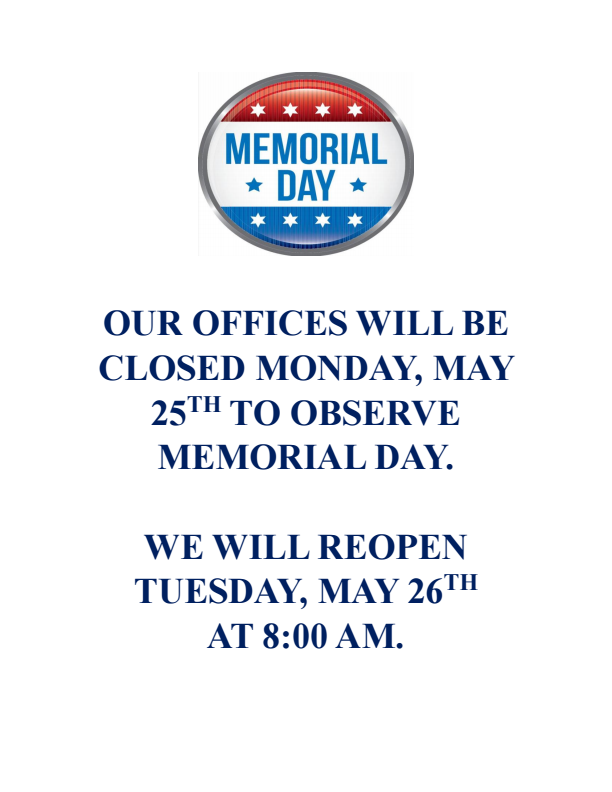 Closed for Memorial Day