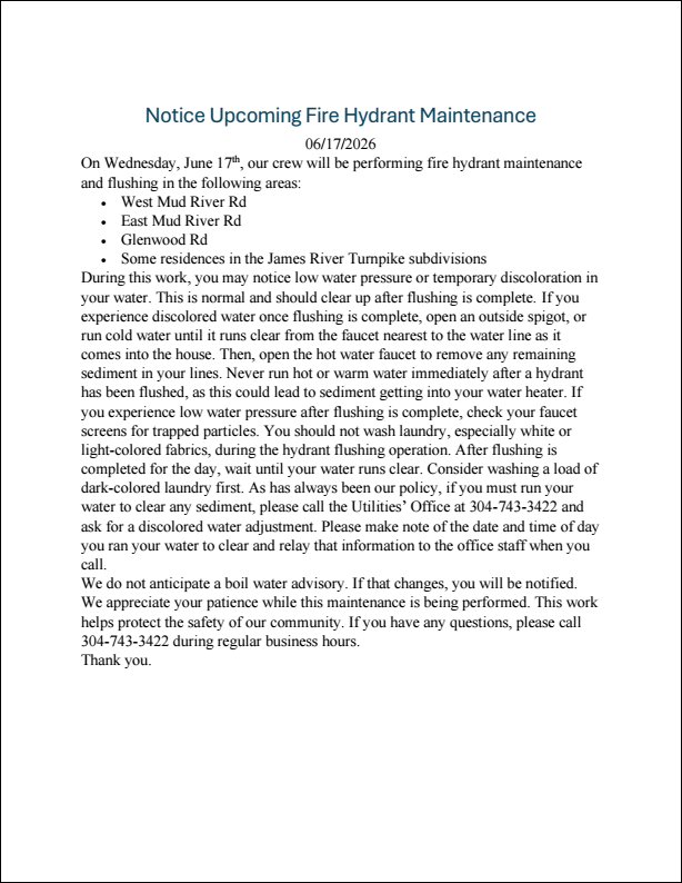 Notice Upcoming Fire Hydrant Maintenance 06/17/2026