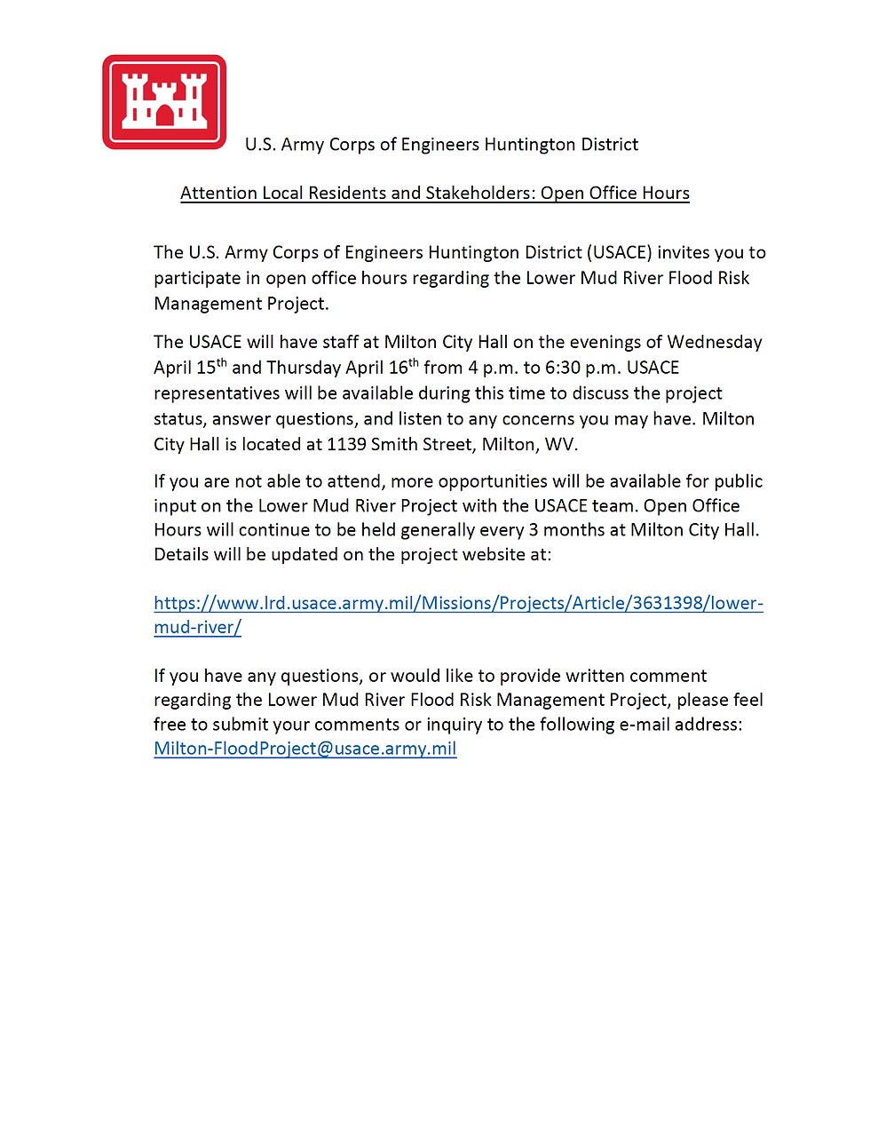 Public Milton Flood Project Meeting at Milton City Hall. April 15th and 16th 4:00pm to 6:30pm. 