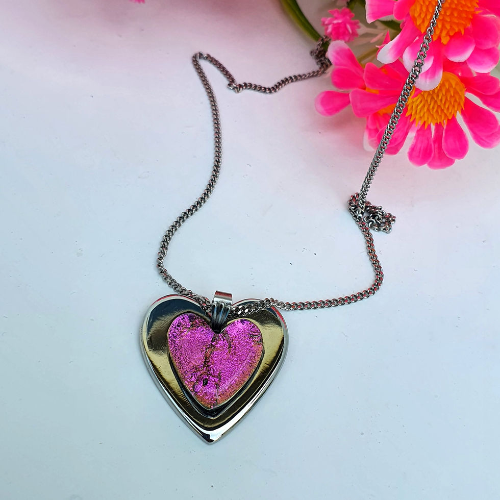 Thumbnail: Cute Heart Dichroc Glass On Stainless Steel Necklace. Handmade.