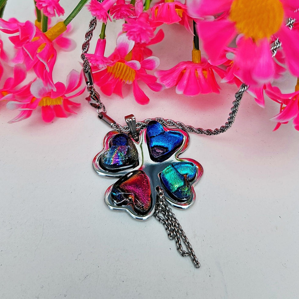 Thumbnail: Dichroic Glass On Stainless Steel Necklace. Shamrock Image