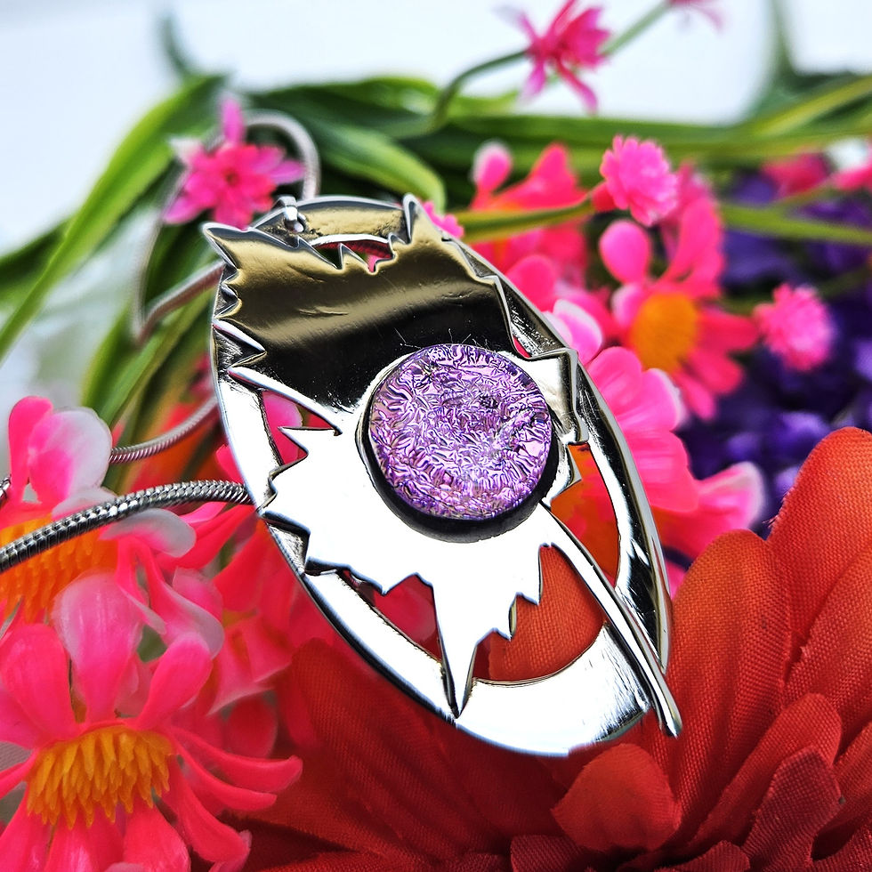 Thumbnail: Lavender Dichroic Glass On Maple Leaf Stainless Steel Necklace.