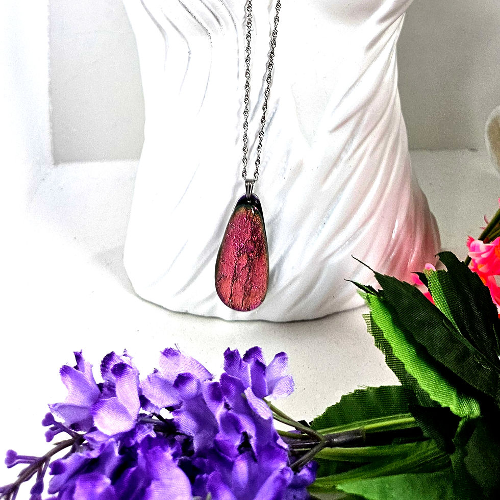 Thumbnail: Hot Pink Rain Drop Dichroic Glass On Stainless Steel Necklace.