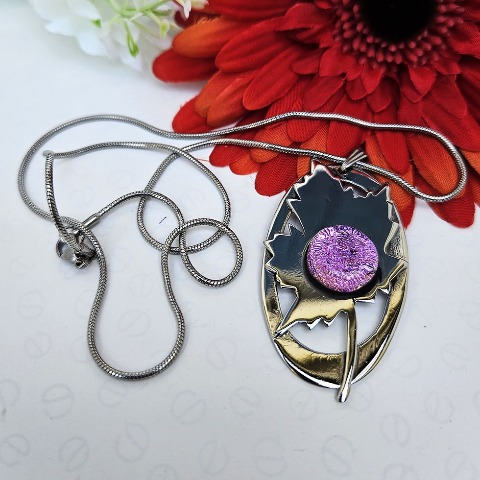 Lavender Dichroic Glass On Maple Leaf Stainless Steel Necklace.