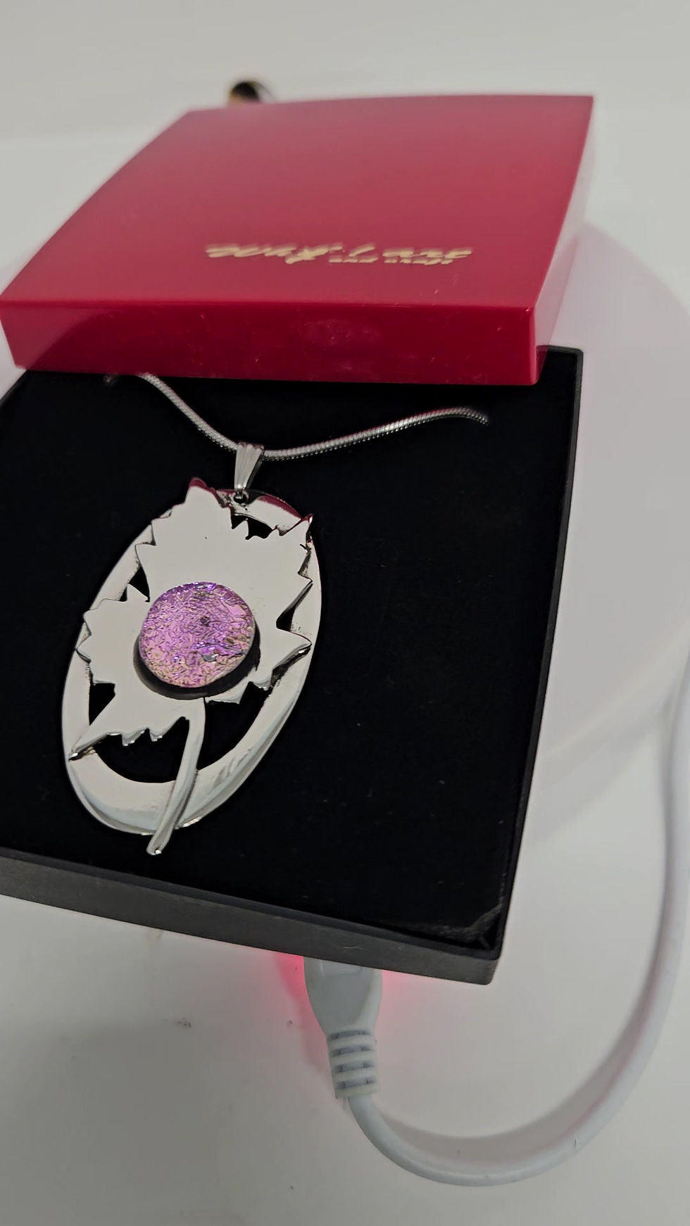 Thumbnail: Lavender Dichroic Glass On Maple Leaf Stainless Steel Necklace.