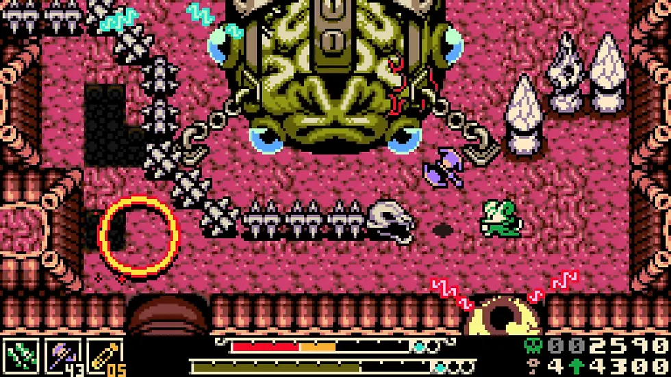 Pixeliger Bosskampf in pinker Arena: grünes Monster mit blauen Augen, Pfeile und Figuren; HUD unten sichtbar.
