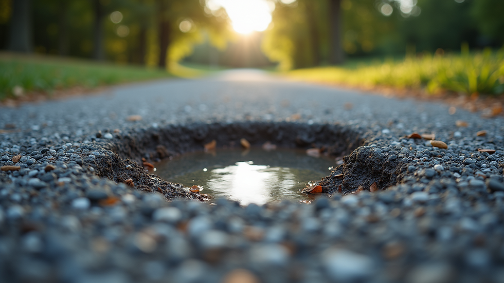 Close-up view of a gravel driveway showing a freshly repaired pothole