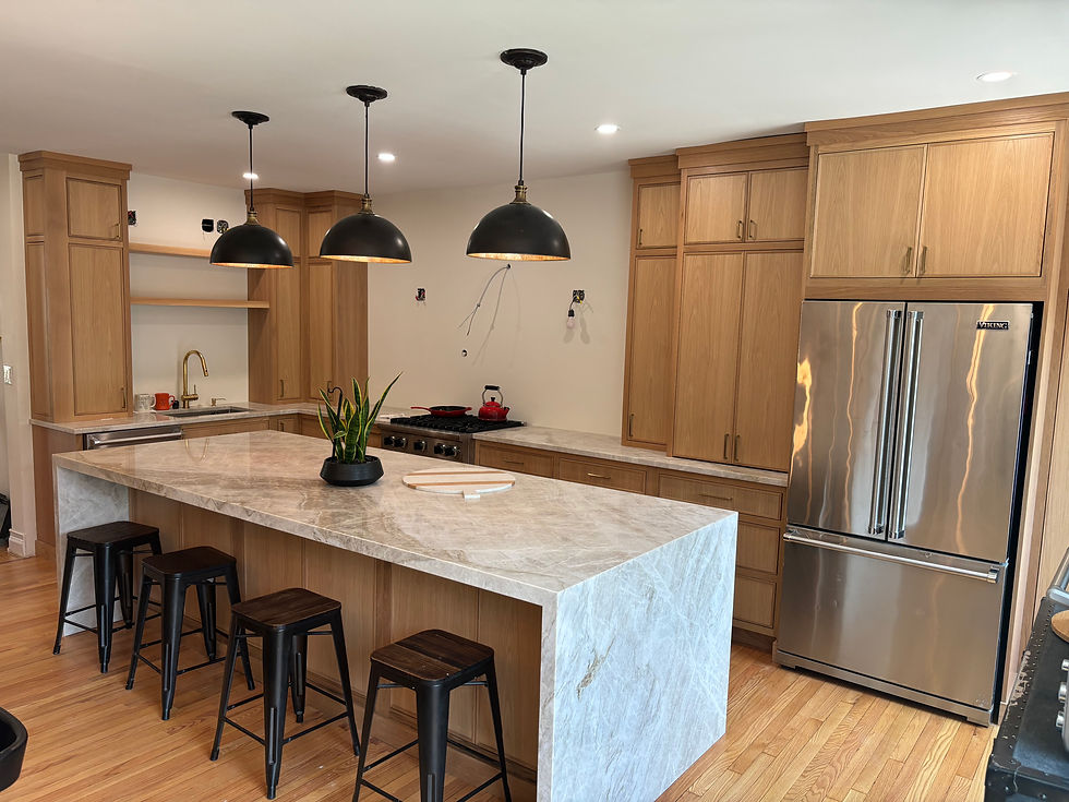White Oak Kitchen. Taj Mahal Quartzite Countertops. Waterfall Island.