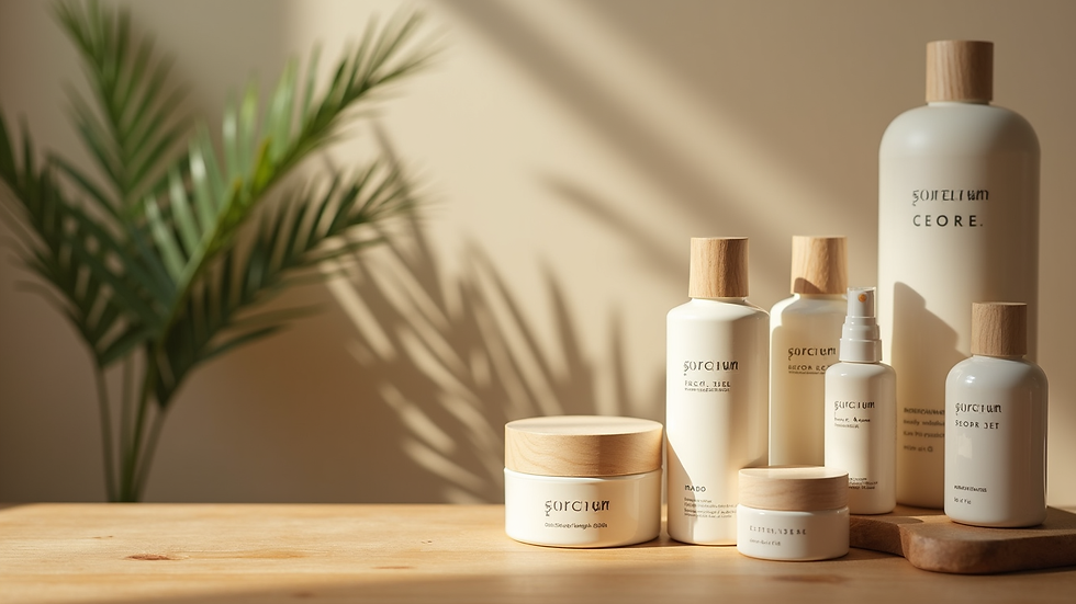 Eye-level view of natural skincare products arranged on a wooden surface