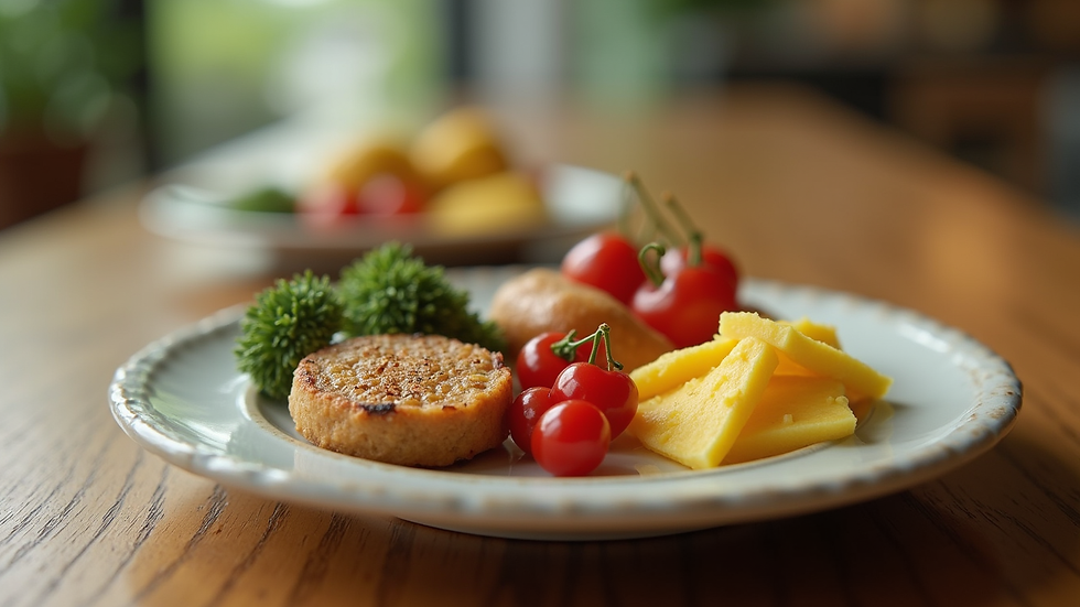Eye-level view of a small plate with assorted natural CBN edibles on a wooden table