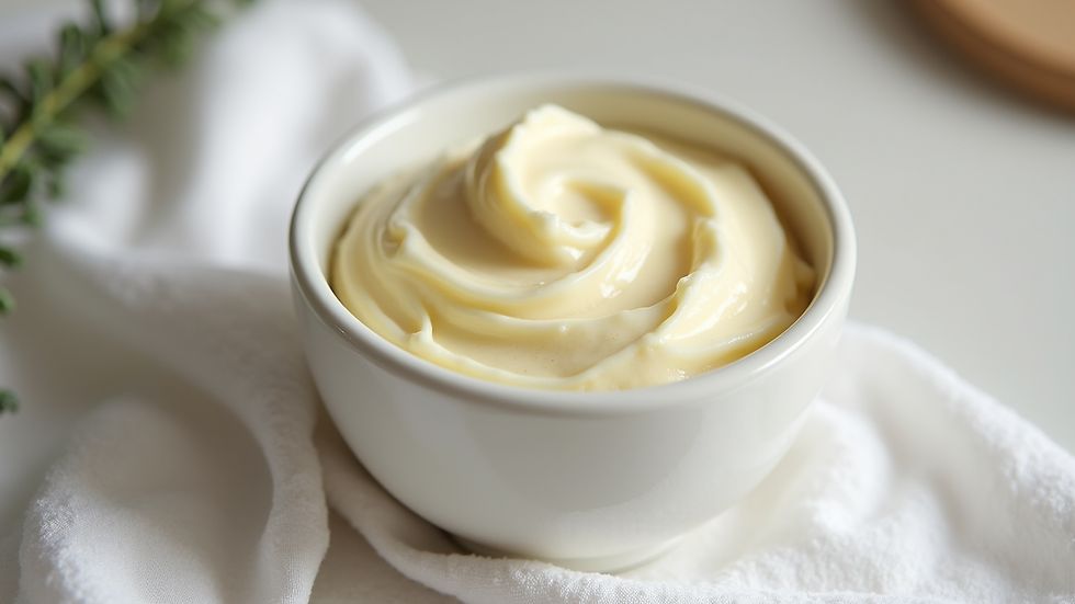 Eye-level view of a small bowl filled with creamy CBD body butter on a white cloth