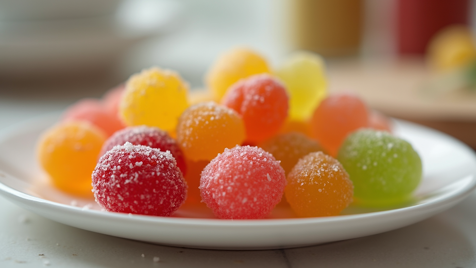 Eye-level view of a plate with colorful CBN gummy edibles arranged neatly