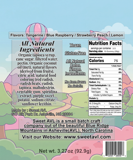 Sweet AVL sour gummies back package info. 