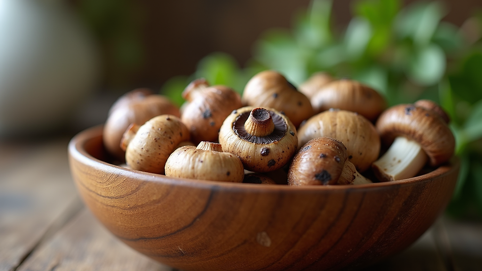 Close-up view of assorted mushroom edibles in a wooden bowl